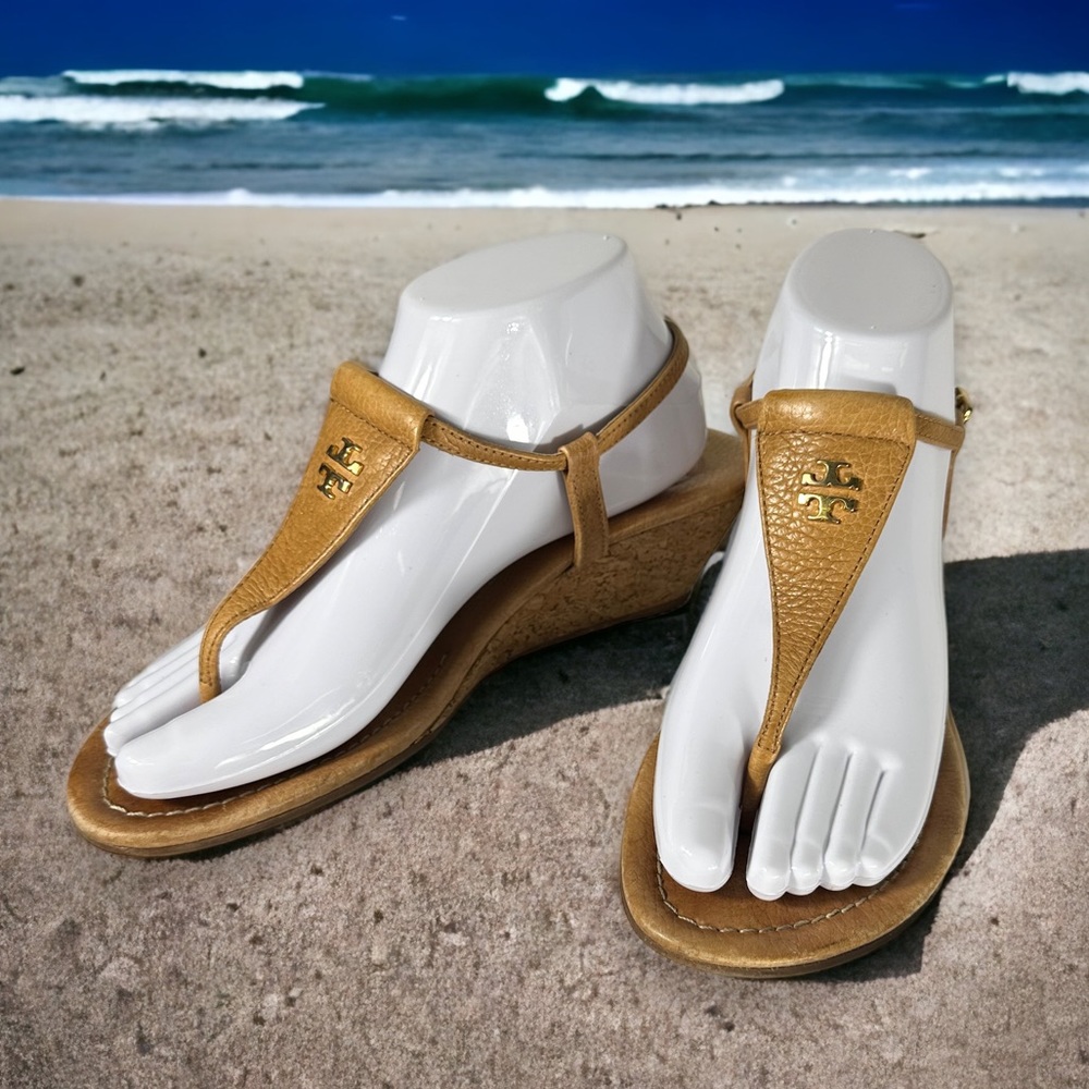 Tory Burch Britton leather thong sandals cork wedge women's 7.5/8 chestnut